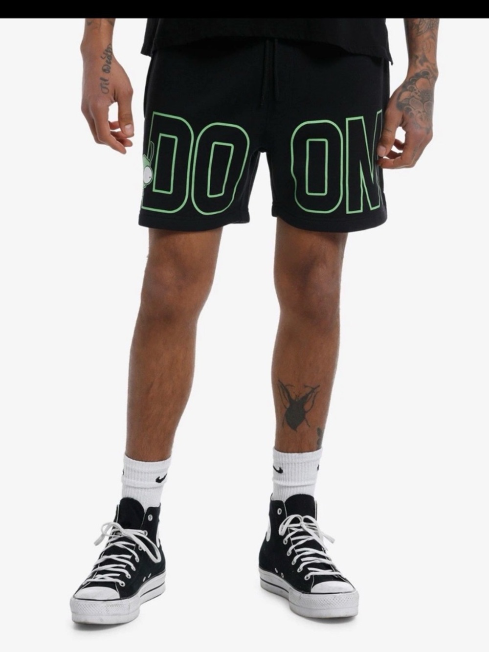 Men's Black Athletic Shorts with Neon Green Outline Graphic invader zim